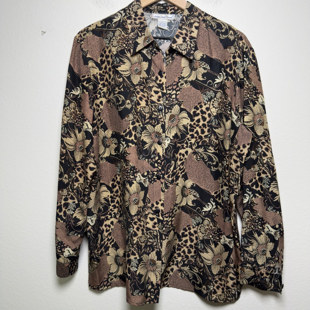 VTG 90s Women 100% Silk Button Up Top Large Brown Floral Leopard Print Artsy‎